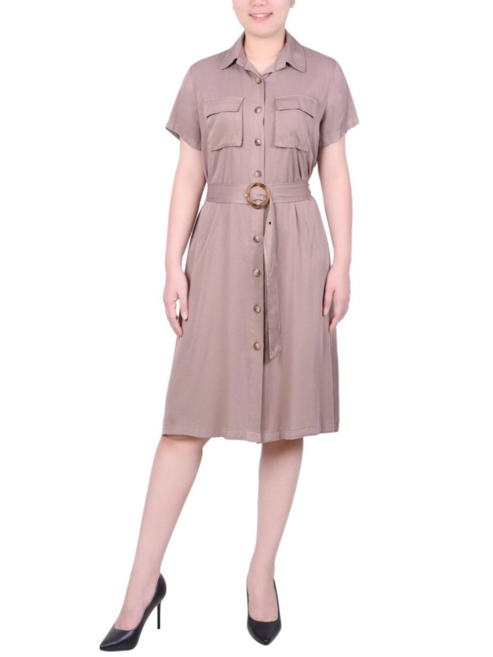 NY Collection Petite Short Sleeve Safari Style Dress Size PXL Brown Portabella